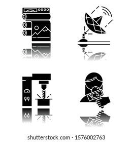 Industry types drop shadow black glyph icons set. Professional publishing equipment. Telecommunication and broadcasting. News and media. Steel production. Isolated vector illustrations