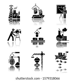 Industry types drop shadow black glyph icons set. Energy, tobacco production, education, filmmaking, pharmacology, chemical industry, arms manufacturing. Isolated vector illustrations