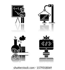 Industry types drop shadow black glyph icons set. Education, televisors production, chemical industry, programming and coding. Services and manufacturing. Isolated vector illustrations