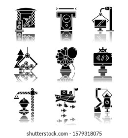 Industry Types Drop Shadow Black Glyph Icons Set. Music, Financial Services, Computer, Timber, Chemical, Software, Construction, Fishing, Aerospace Sectors. Isolated Vector Illustrations