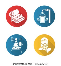 Industry types flat design long shadow glyph icons set. Pulp and paper production. Electronics facility. Broadcasting tower. News and media. Person with microphone. Vector silhouette illustration