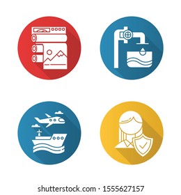 Industry types flat design long shadow glyph icons set. Professional publishing. Water production. Transport, vehicles. Life insurance. Travel services. Plane, ship. Vector silhouette illustration