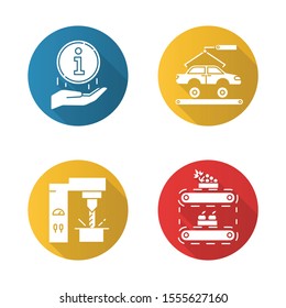 Industry types flat design long shadow glyph icons set. Automotive engineering. Information sign. Steel industry. Fruit production. Car, automobile repair. Food supply. Vector silhouette illustration