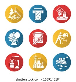 Industry types flat design long shadow glyph icons set. Financial services, timber, tobacco, entertainment, music, film, arms, energy, fishing sectors of economy. Vector silhouette illustration
