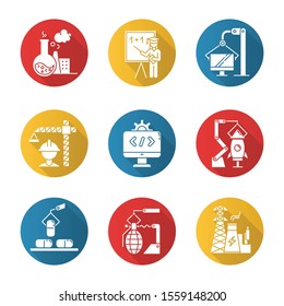 Industry Types Flat Design Long Shadow Glyph Icons Set. Chemical, Education, Computer, Construction, Software, Aerospace, Pharmaceutical, Arms, Energy Sectors. Vector Silhouette Illustration