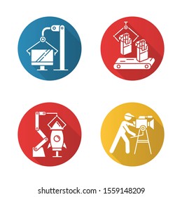 Industry types flat design long shadow glyph icons set. Tobacco, computer, film production, aerospace sectors of economy. Agriculture, manufacture and services. Vector silhouette illustration