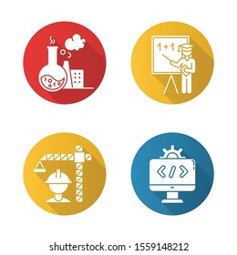 Industry types flat design long shadow glyph icons set. Chemical, education, construction, software sectors of economy. Technology development. Business spheres. Vector silhouette illustration