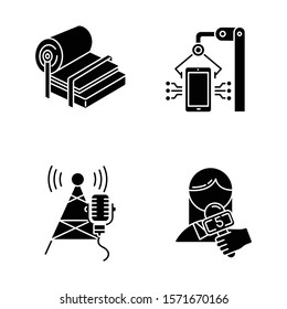 Industry types glyph icons set. Pulp and paper production. Electronics facility. Broadcasting tower. News and media. Person with microphone. Silhouette symbols. Vector isolated illustration