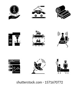 Industry types glyph icons set. Information sign. Automotive production. Pulp and paper. Steel industry. Fruit supply. Broadcasting. Healthcare. Silhouette symbols. Vector isolated illustration