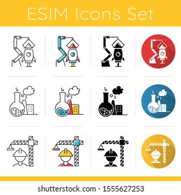 Industry types icons set. Aerospace, chemical, construction sectors of economy. Technology development. Flat design, linear, black and color styles. Isolated vector illustrations