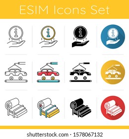 Industry types icons set. Information sign. Automotive production. Car repair, vehicle facility. Pupl and paper production. Flat design, linear, black and color styles. Isolated vector illustrations
