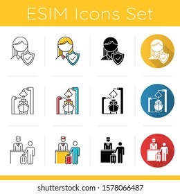 Industry types icons set. Life insurance. Shipbuilding and engineering. Hospitality and tourism. Protection policy. Flat design, linear, black and color styles. Isolated vector illustrations