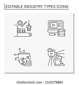  Conjunto de iconos de línea de tipos de industria. Industrias cinematográficas, educativas, criptomonetarias y de fabricación de fábricas.Concepto empresarial. Ilustraciones vectoriales aisladas. Trazo editable