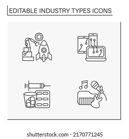  Conjunto de iconos de línea de tipos de industria. Industrias musicales, farmacéuticas, aeroespaciales e informáticas. Concepto de negocio. Ilustraciones vectoriales aisladas. Trazo editable