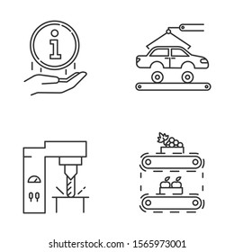 Industry types linear icons set. Automotive engineering. Information. Steel industry. Fruit production. Food supply. Thin line contour symbols. Isolated vector outline illustrations. Editable stroke