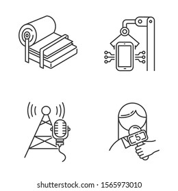 Industry Types Linear Icons Set. Pulp And Paper Production. Electronics Facility. Broadcasting Tower. News And Media. Thin Line Contour Symbols. Isolated Vector Outline Illustrations. Editable Stroke