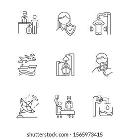 Industry types linear icons set. Life insurance. Hospitality industry. Electronics. Media. Healthcare. Steel industry. Thin line contour symbols. Isolated vector outline illustrations. Editable stroke