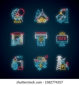 Industry Types Neon Light Icons Set. Entertainment, Timber, Computer, Music, Financial Services, Software, Arms, Fishing, Energy Sectors. Business Spheres. Glowing Signs. Vector Isolated Illustrations