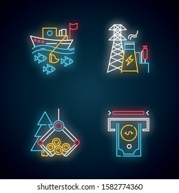 Industry types neon light icons set. Fishing, energy, timber, financial sectors of economy. Business spheres. Goods and services production. Glowing signs. Vector isolated illustrations
