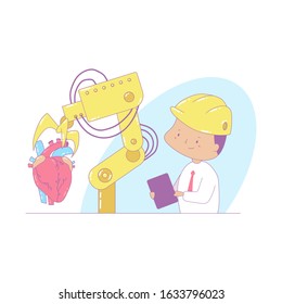 Industry vector cartoon concept illustration with robot and an engineer.