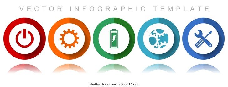 Industry vector icon collection, miscellaneous icons such as power, cogwheel, battery and tools, flat design infographic template in eps 10