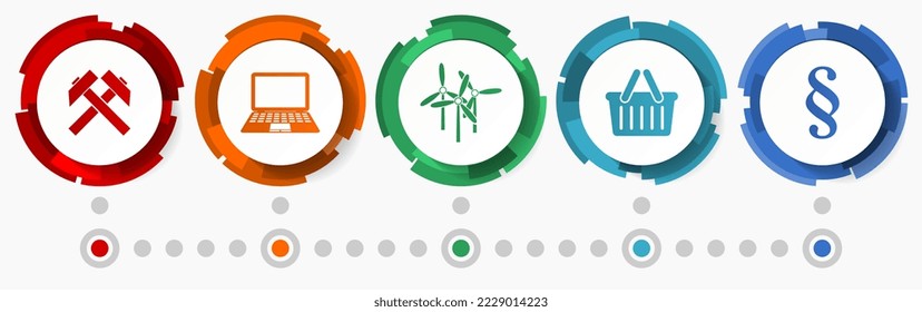 Conjunto de iconos de vectores industriales, botones de diseño plano de concepto de negocio, plantilla de infografía