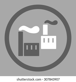 Industry vector icon. This rounded flat symbol is drawn with dark gray and white colors on a silver background.