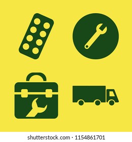 industry vector icons set. with blister pack, toolbox, wrench and truck in set