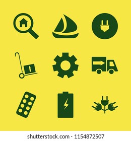 industry vector icons set. with search house, blister pack, fast delivery truck and plug in set