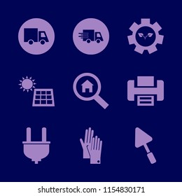 industry vector icons set. with solar panel, gloves, gear sprout and trowel in set