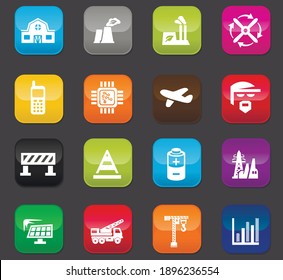 Industry vector icons for user interface design. Colored buttons on a dark background