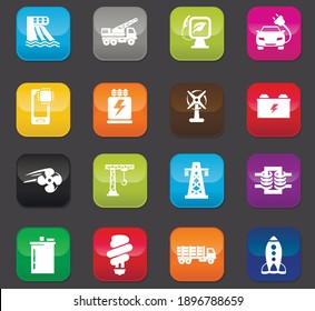 Industry vector icons for user interface design. Colored buttons on a dark background