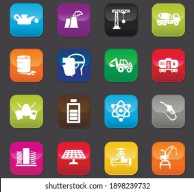 Industry vector icons for user interface design. Colored buttons on a dark background