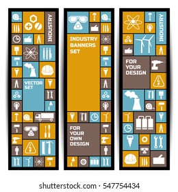 Industry vertical banners with simple flat building and manufacturing icons in metro style vector illustration