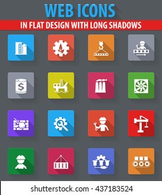 industry web icons in flat design with long shadows