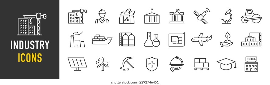 Iconos web de la industria en estilo de línea. Producción masiva, manipulador, fábricas, minería, colección. Ilustración vectorial.