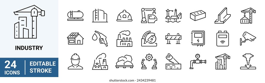 Iconos web de la industria en estilo de línea. Producción en masa, manipulador, fábricas, mina, colección. Ilustración vectorial. Trazo editable