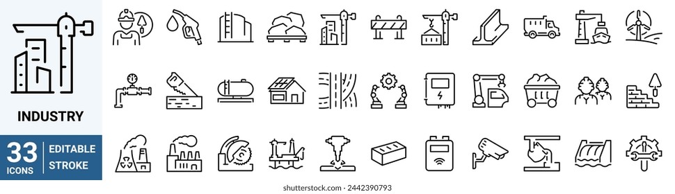 Industry web icons in line style. Mass production, manipulator, factories, mine, collection. Vector illustration. Editable stroke