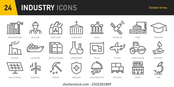 Industry web icons in line style. Mass production, manipulator, factories, mine, collection. Vector illustration.	