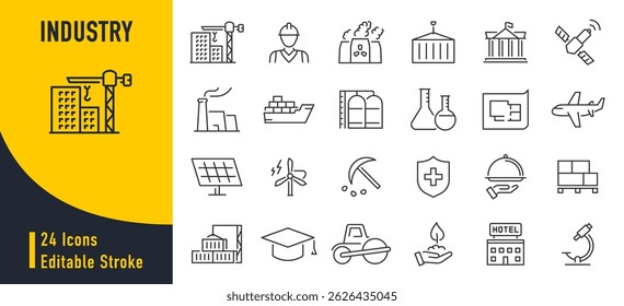Industry web icons in line style. Mass production, manipulator, factories, mine, collection. Vector illustration.	
