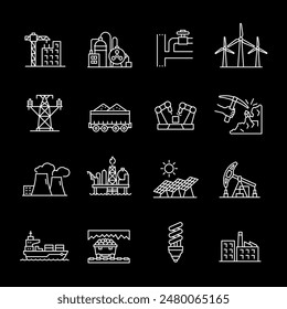 Industry, white line icons. Various industrial enterprises and activities. Essential for manufacturing and business themes. Symbols on black background. Editable stroke.