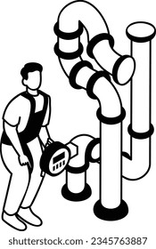 Industry Worker Looking Gas Flow Gauge Vector isometric Design, Plumber equipment Symbol, Handyman Service Works Sign, Sanitary technician Stock illustration, Industrial Pipe Repairing Concept
