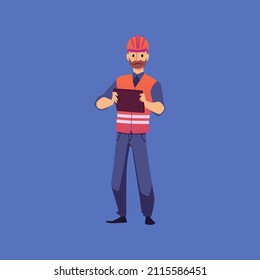 Industry worker man in helmet holds tablet, isolated flat vector illustration. Concept of smart factory management with modern technologies. Architect or builder does diagnostics on tablet.