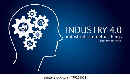 Industry4.0 Cyber Physical Systems concept, , Human head with brain gears and industry icons and text with blue background , vector