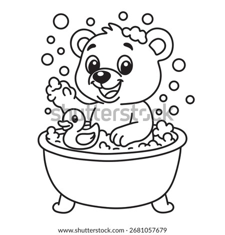 ine art of a cartoon bear playing with soap bubbles in the bathtub with duck toy vector