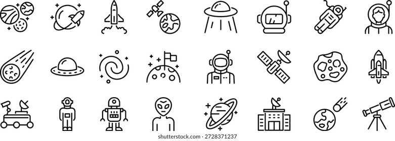 neun Symbole, die den Weltraum, die Astronomie und die kosmische Erforschung darstellen. Umrisssymbole für Planeten, Raketen, Astronauten, Teleskope und Himmelserscheinungen.
