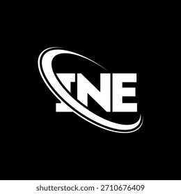 Logótipo INE. Carta INE. Design do logotipo da letra INE. Logótipo INE inicial ligado a um círculo e a um monograma em maiúsculas. Tipografia de INE para marca de tecnologia, negócios e imobiliário.