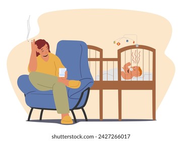 Inebriated Mother Slumps Beside Wailing Infant with Glass and Cigarette in Hands. Drunk Addicted Female Character Suffer of Newborn Distress or Alcohol Addiction. Cartoon People Vector Illustration