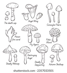 Inedible Mushroom collection icons in line art, outline style. Fly Agaric, Autumn Skullcap, Deadly Webcap, False Morel, Poison fire coral. Vector illustration isolated on a white background.