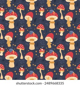 Inedible mushrooms seamless pattern. Fly agaric repeat background. Vector hand drawn illustration.